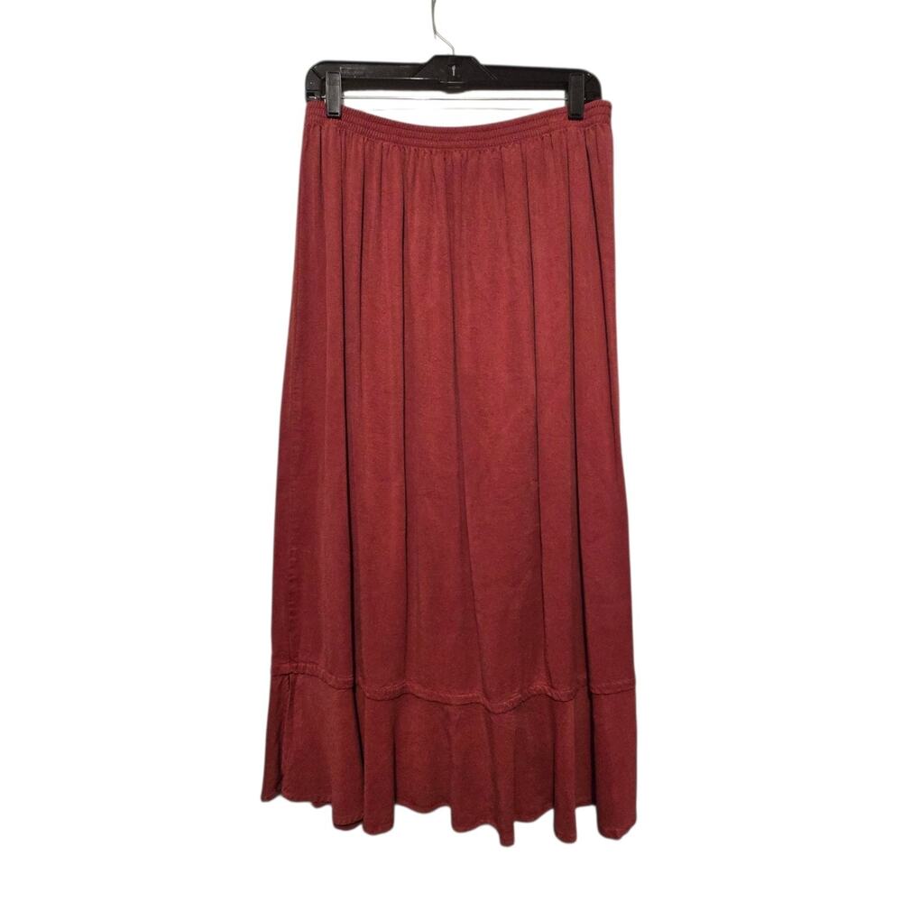 Vtg Tianello Tencel Maxi Skirt Womens XL Brick Red Rust Ruffled Elastic Waist